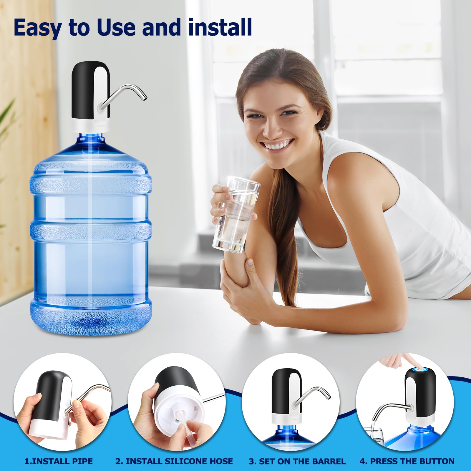 KUFUNG Water Dispenser for 5 Gallon Bottle - Rechargeable Water Pump for 5 Gal Jug, BPA-Free, Food Grade Silicone Hose, Stainless Steel Spout - 30-40 Days Battery Life, Easy One Switch Operation