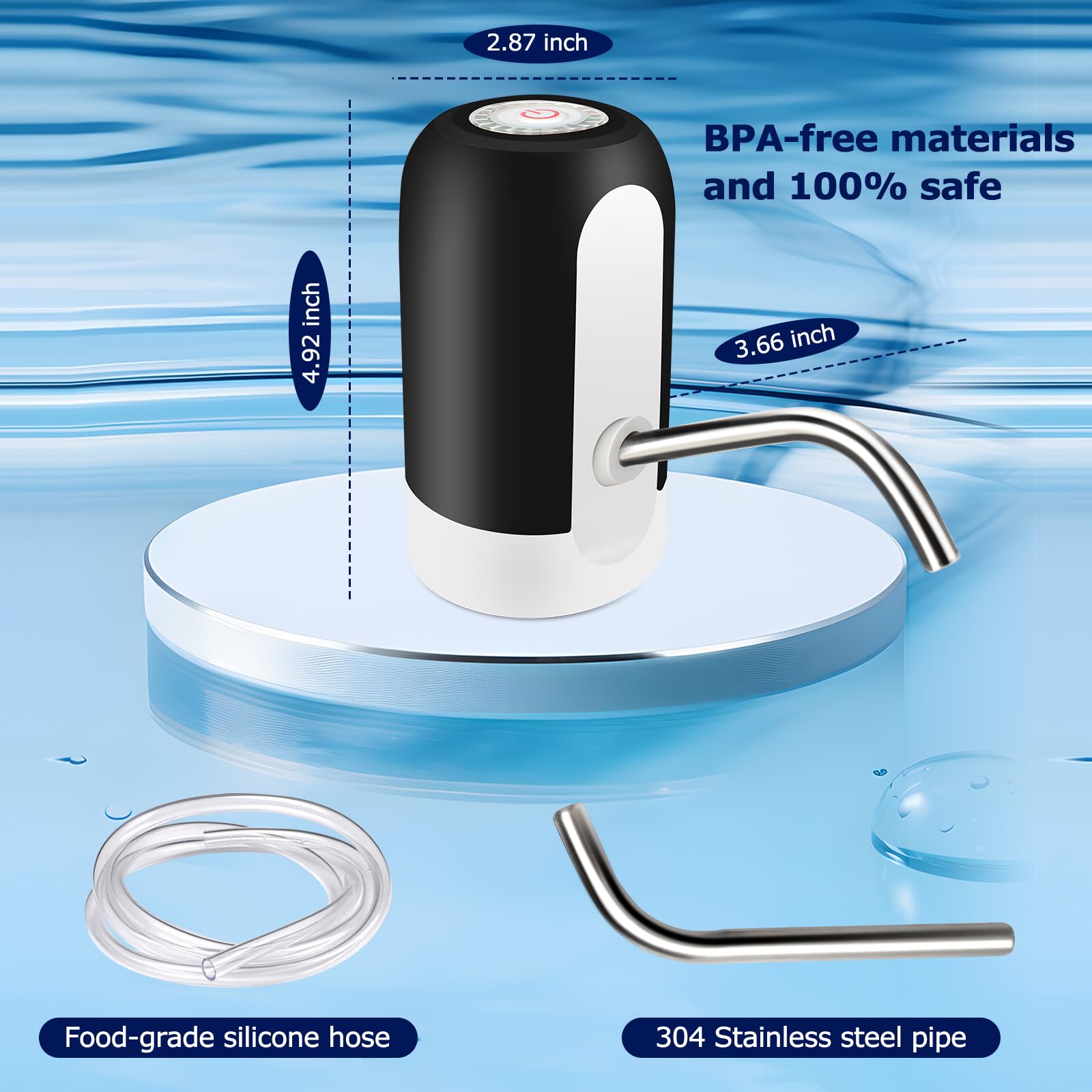 KUFUNG Water Dispenser for 5 Gallon Bottle - Rechargeable Water Pump for 5 Gal Jug, BPA-Free, Food Grade Silicone Hose, Stainless Steel Spout - 30-40 Days Battery Life, Easy One Switch Operation