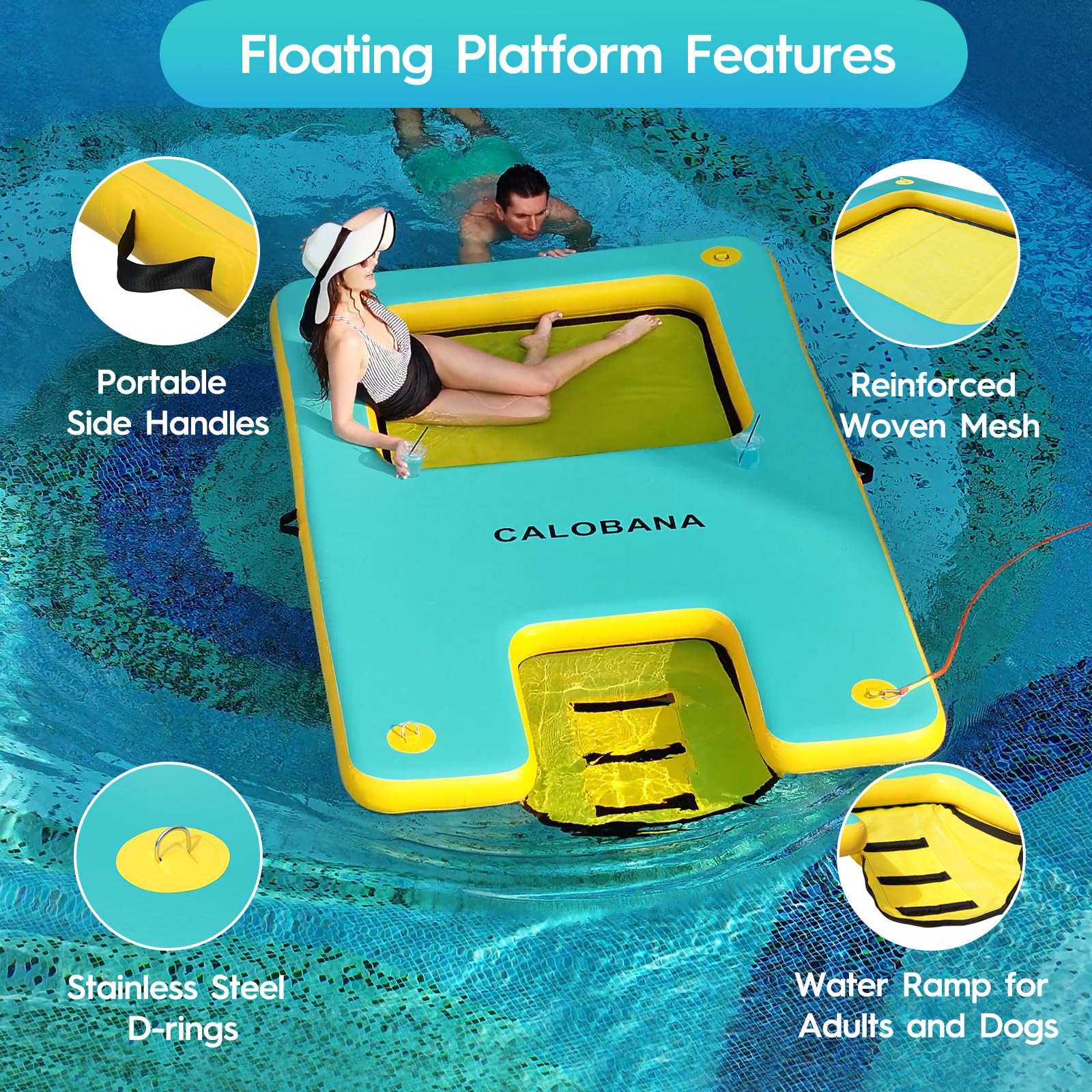 ZAMPIQ 10ft x 6ft Inflatable Dock Platform, Lake Floats with Mesh Water Ramp Floating Island for Lake Boats Island Swimming Pool Sea Dock, Mint Green & Yellow