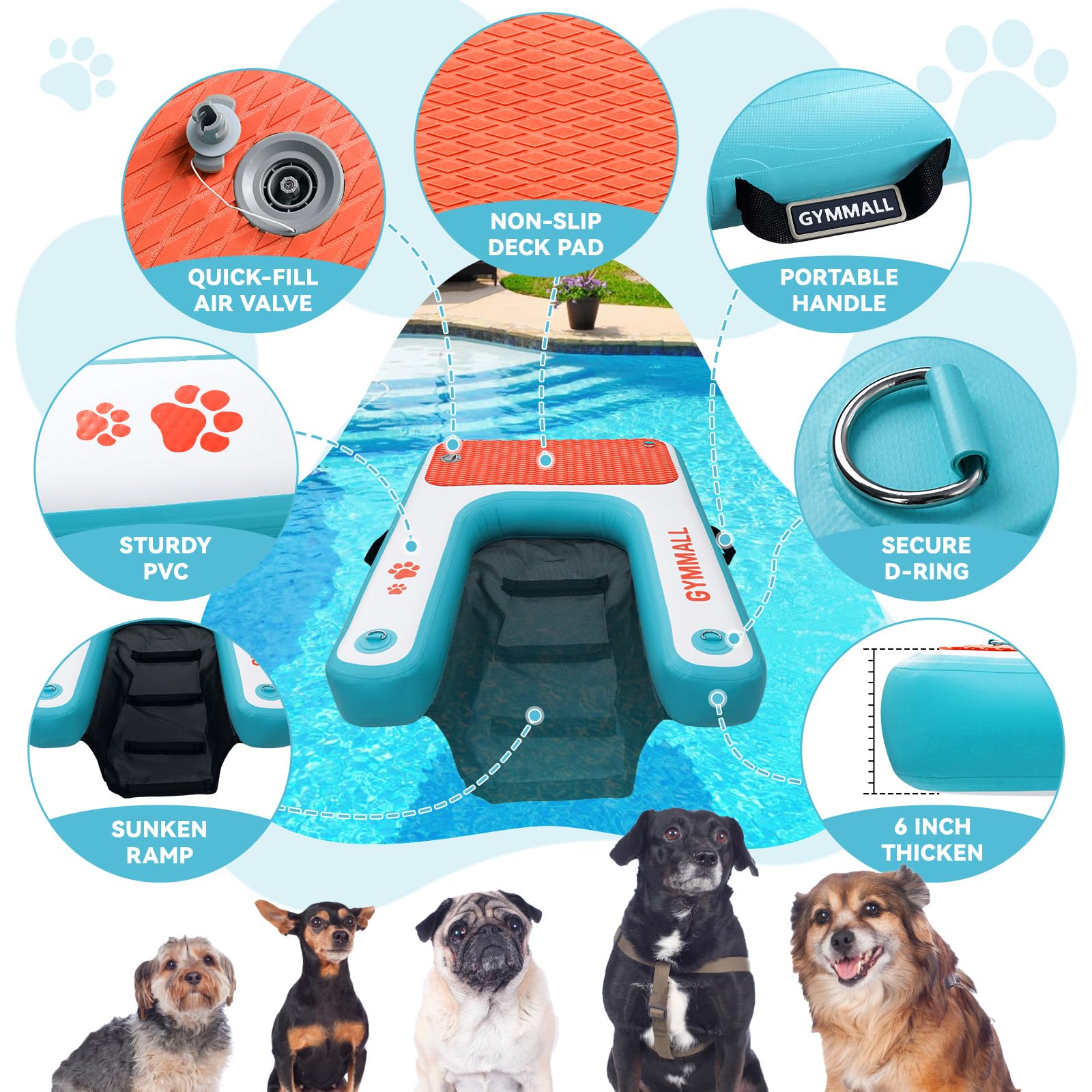 ZAMPIQ Inflatable Dog Water Ramp Pet Dock Platform Blue, Pet Water Platform for Boat Pool Lake Sea, Non-Slip Safety Floating Dock for Dogs up to 200lbs, EVA Puppy Float Ramp Dog Water Ladder