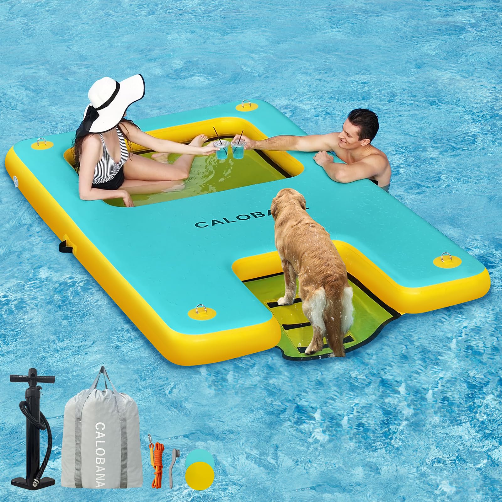 ZAMPIQ 10ft x 6ft Inflatable Dock Platform, Lake Floats with Mesh Water Ramp Floating Island for Lake Boats Island Swimming Pool Sea Dock, Mint Green & Yellow