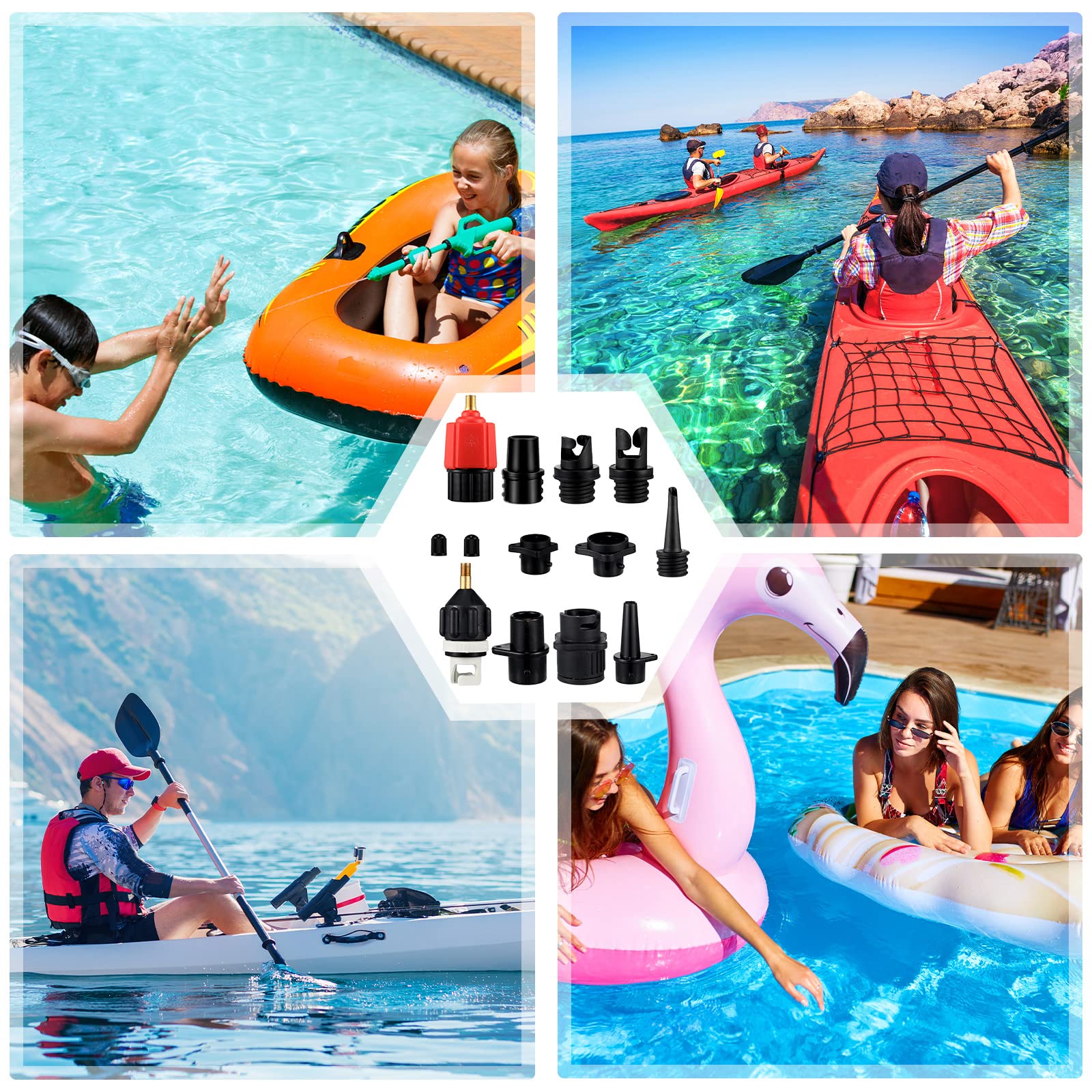 ZAMPIQ Inflatable Air Pump Adaptor Compatible with SUP Inflatable Car Air Compressor Valve Adaptor with 9 Valve Nozzle for Paddle Board Boat(Classic,Black, Red, Gold)