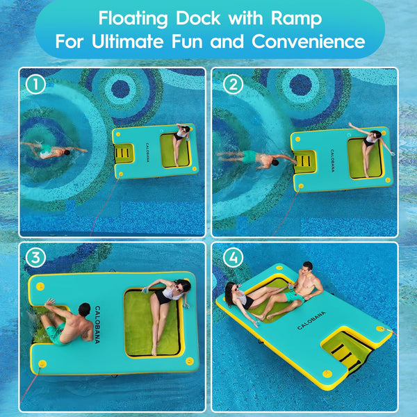 ZAMPIQ 10ft x 6ft Inflatable Dock Platform, Lake Floats with Mesh Water Ramp Floating Island for Lake Boats Island Swimming Pool Sea Dock, Mint Green & Yellow