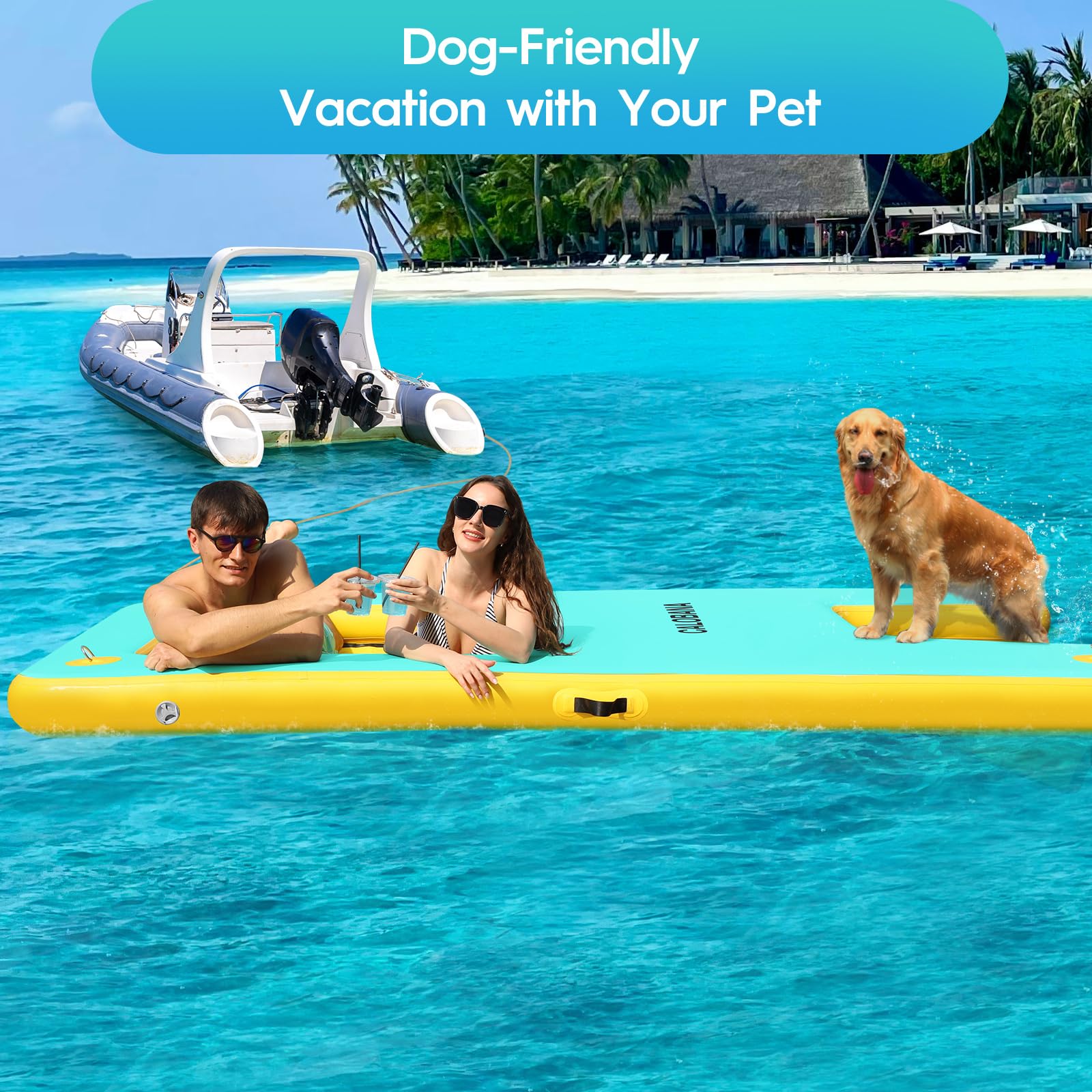 ZAMPIQ 10ft x 6ft Inflatable Dock Platform, Lake Floats with Mesh Water Ramp Floating Island for Lake Boats Island Swimming Pool Sea Dock, Mint Green & Yellow